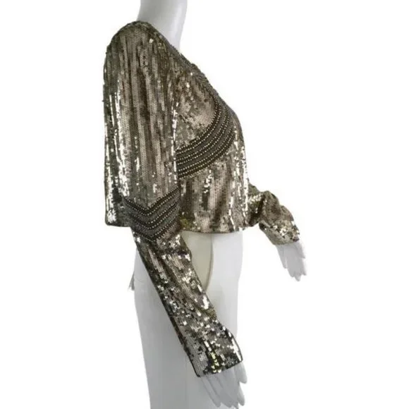 NWT Veronica Beard Women's Phaedra Sequin Bead Embellished Cropped Jacket Gold - Picture 2 of 10